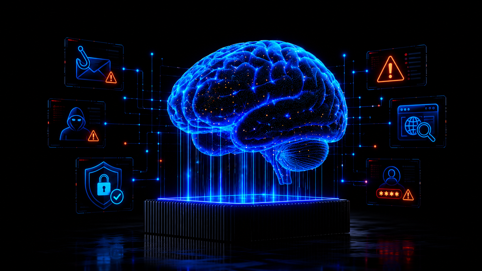 Blue digital awareness brain with warning signals for safer investor research
