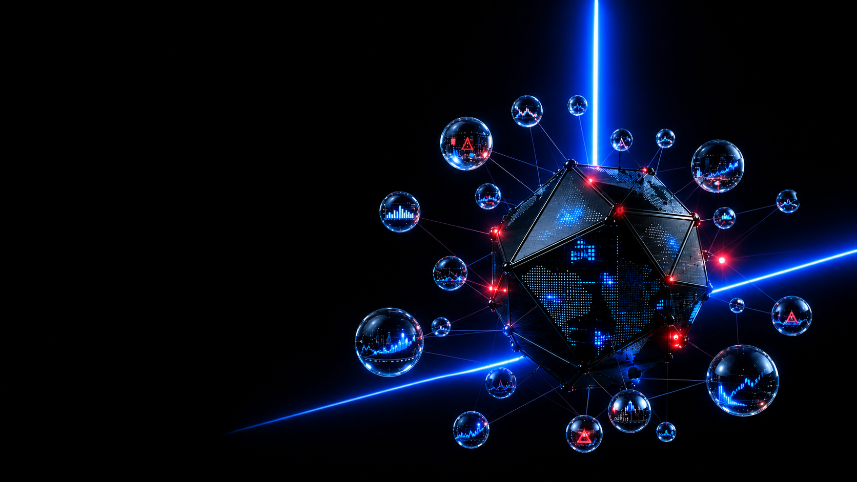 Dark cyber-finance intelligence core with blue beams and connected risk nodes