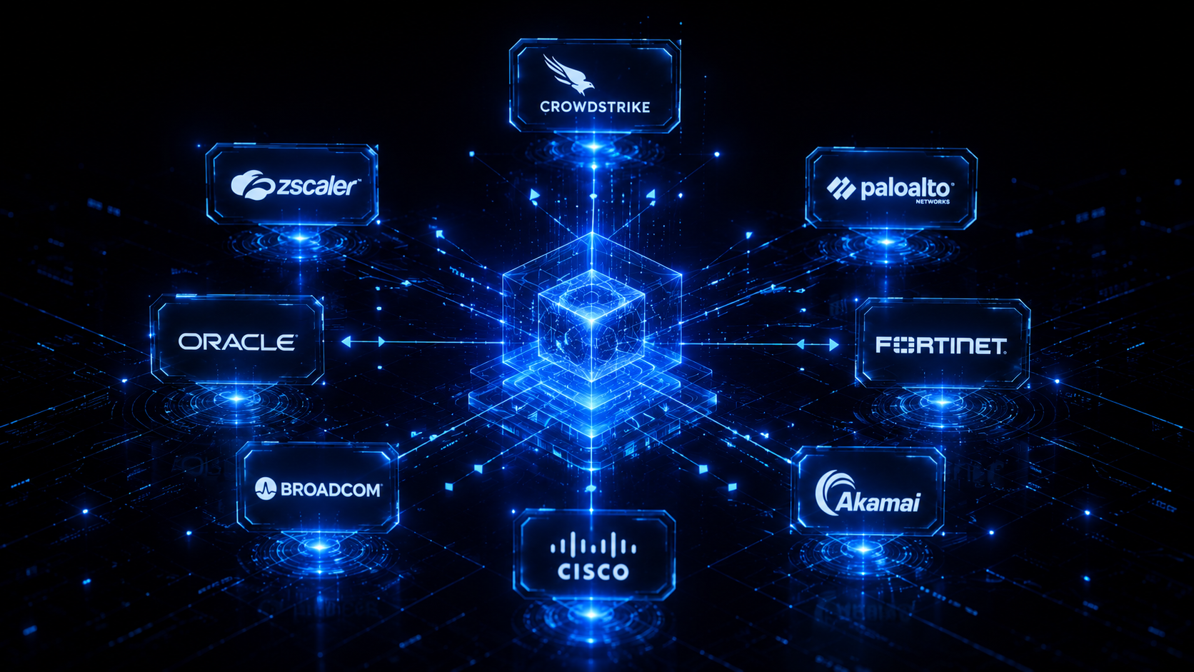 Glowing cyber vendor demand cube connected to major cybersecurity company logos